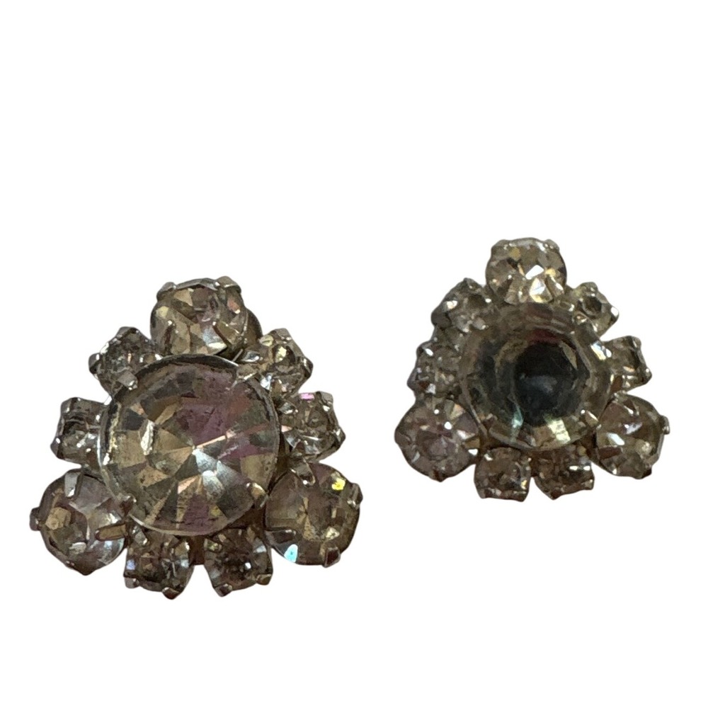 1960s Rhinestone Clip‎ On Earrings Vintage Silver Tone Statement Jewelry